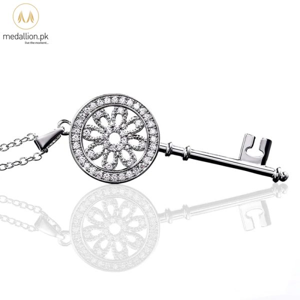 Silver Plated Key Shape Cubic Zirconia Necklace