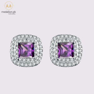 White Gold Plated Purple CZ Stud Earrings