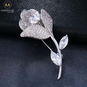 Luxury White Gold Plated Rose Cubic Zirconia Brooch