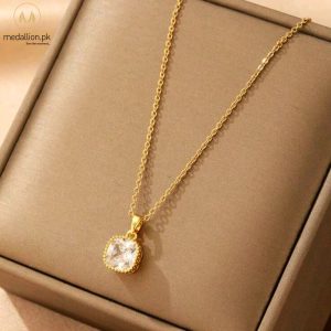 Stainless Steel 18K Gold Plated Big Square Zircon Necklace
