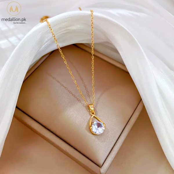Stainless Steel 18K Gold Plated Tear Drop CZ Necklace