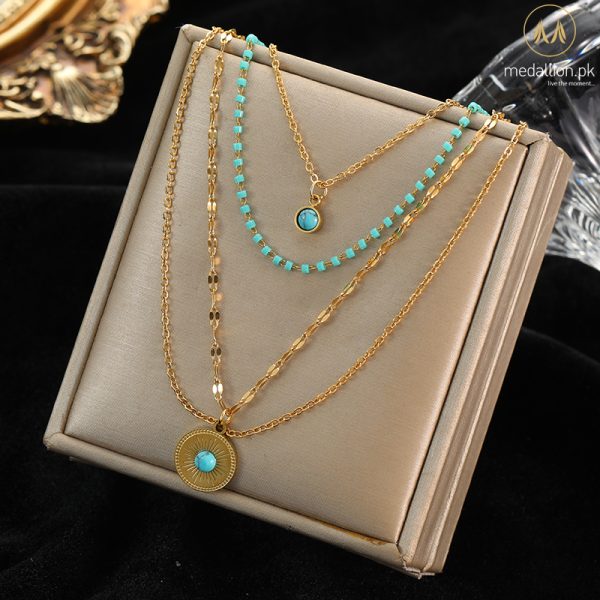 Stainless Steel Multilayer Green Stone Necklace