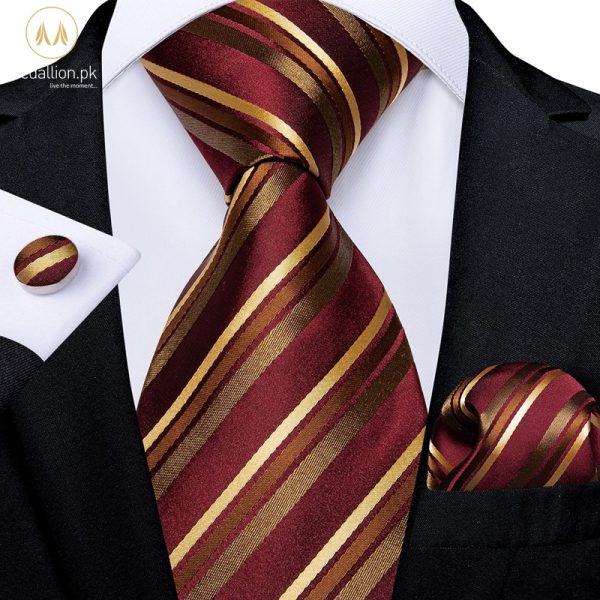 100 % Silk Italian Style Red and Gold Stripped Tie Set