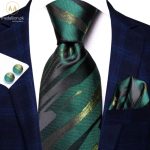 100 % Silk Italian Style Green and Gold Textured Tie Set