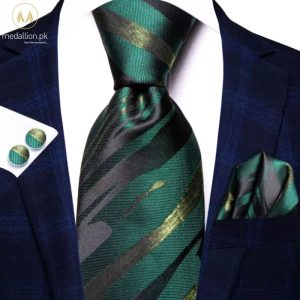 100 % Silk Italian Style Green and Gold Textured Tie Set