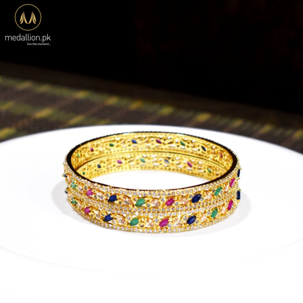 1 Karat Gold Plated Multicolor Zircons Two Bangles