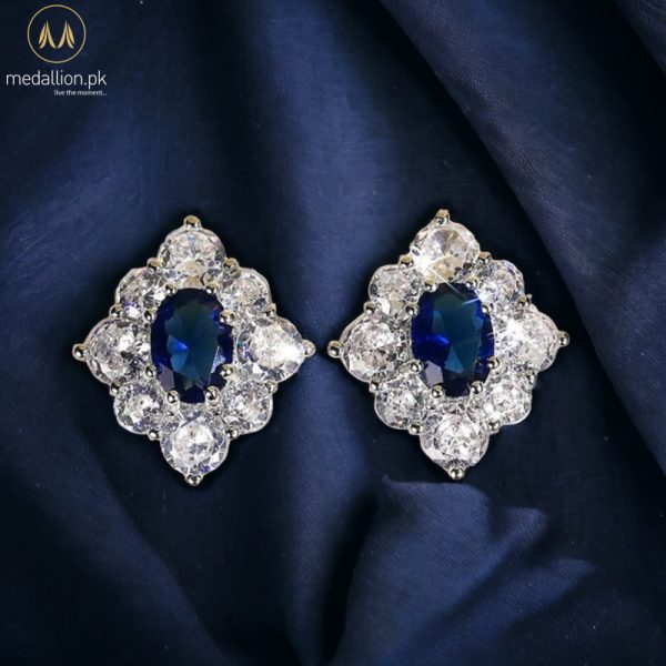 White Gold Plated Blue Rhombus Shape CZ Earrings