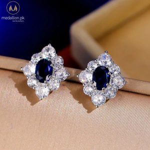 White Gold Plated Blue Rhombus Shape CZ Earrings