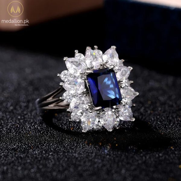 White Gold Plated Blue Big Cubic Zirconia Ring