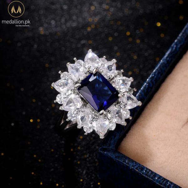 White Gold Plated Blue Big Cubic Zirconia Ring
