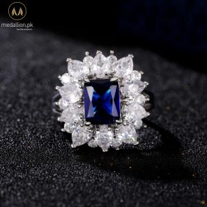White Gold Plated Blue Big Cubic Zirconia Ring