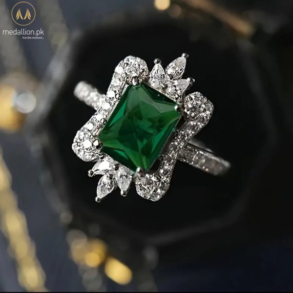 White Gold Plated Green and White Cubic Zirconia Ring