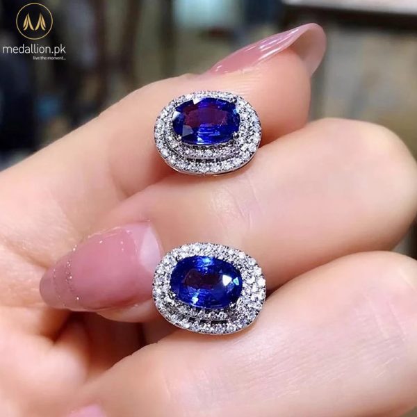 White Gold Plated Oval Shape Blue & White CZ Earrings