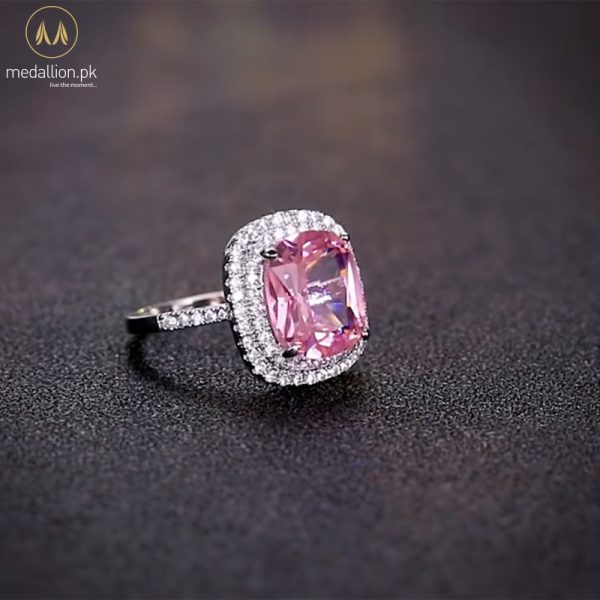 White Gold Plated Pink Big Zircon Ring