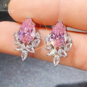 White Gold Plated Pink Leaf Shape Earrings