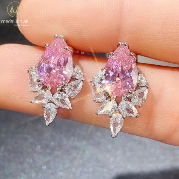 White Gold Plated Pink Leaf Shape Earrings