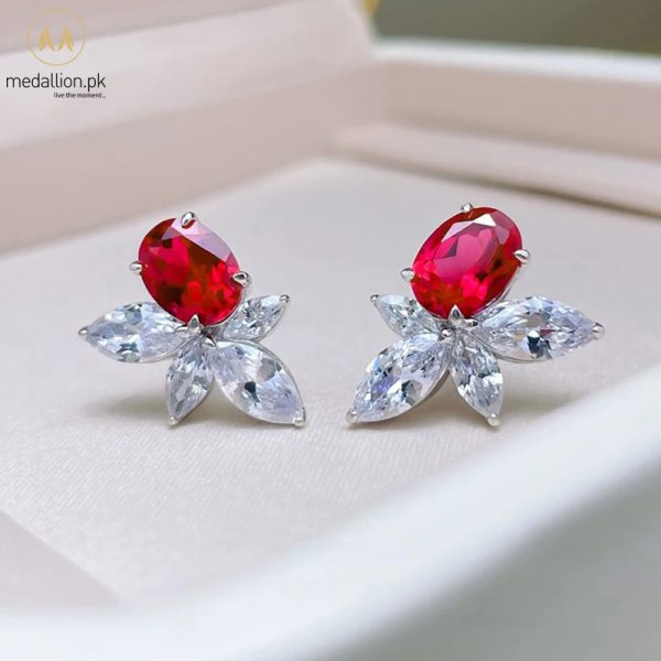 White Gold Plated Ruby Color Earrings