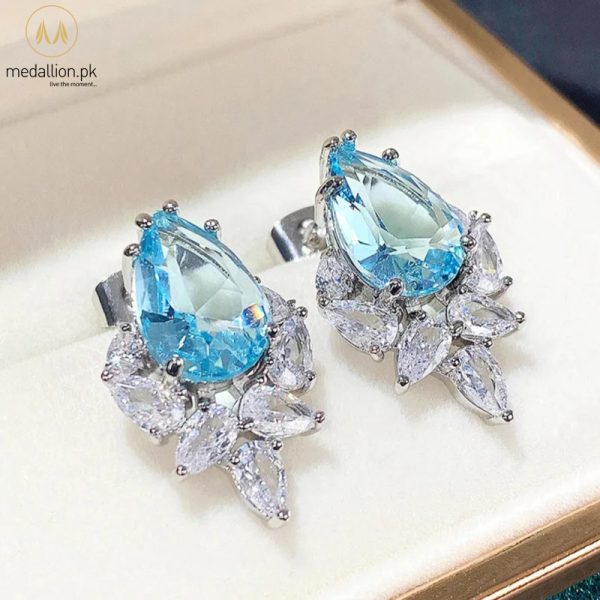 White Gold Plated Blue Leaf Shape Earrings