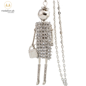 Silver Doll Rhinestones Long Chain Necklace for Girls