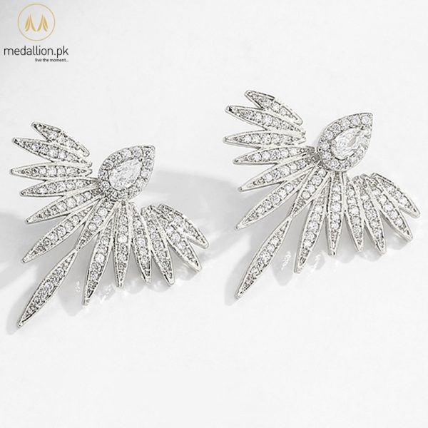 White Gold Plated Feather Style Cubic Zirconia Earrings