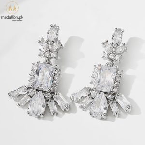 White Gold Plated Flower Cubic Zirconia Drop Earrings