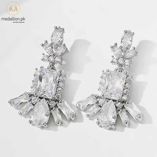 White Gold Plated Flower Cubic Zirconia Drop Earrings