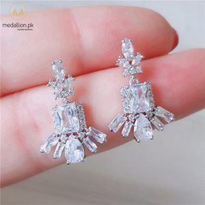 White Gold Plated Flower Cubic Zirconia Drop Earrings