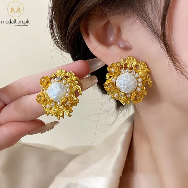 Antique Gold Plated Pearl & CZ Stud Earrings