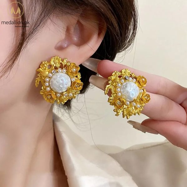 Antique Gold Plated Pearl & CZ Stud Earrings