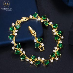 White Gold Plated Green Leaf Cubic Zirconia Bracelet