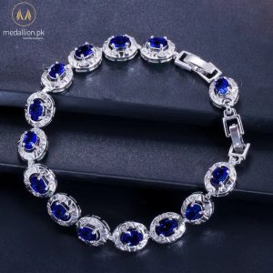 White Gold Plated Blue Oval Cubic Zirconia Bracelet