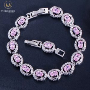 White Gold Plated Pink Oval Cubic Zirconia Bracelet