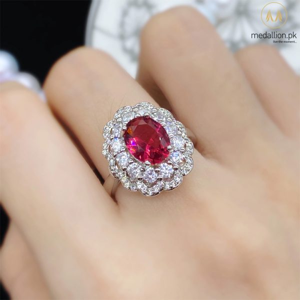 Luxury White Gold Plated Red Zircon Oval Style Ring