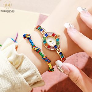 Quartz Movement Multicolor Zirconia Watch & Bracelet Set