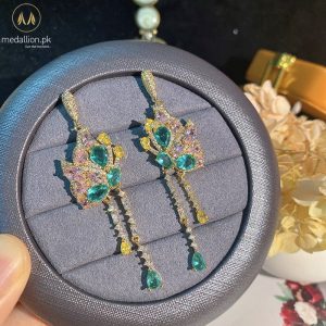 Gold Plated Pink & Green Zirconia Butterfly Earrings