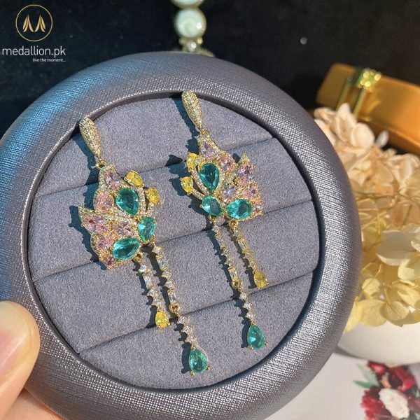 Gold Plated Pink & Green Zirconia Butterfly Earrings