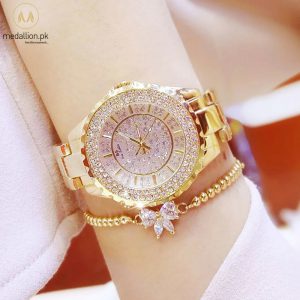 Quartz Movement Gold Color Steel Strap Watch & Bracelet Set