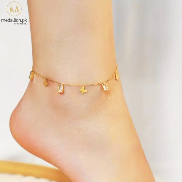 Stainless Steel 18K Gold Plated Butterfly Cubic Zirconia Anklet