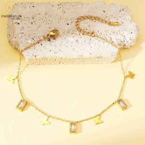 Stainless Steel 18K Gold Plated Butterfly Cubic Zirconia Anklet