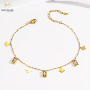 Stainless Steel 18K Gold Plated Butterfly Cubic Zirconia Anklet