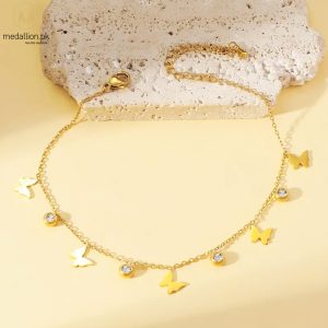Stainless Steel 18K Gold Plated Butterflies Round CZ Anklet