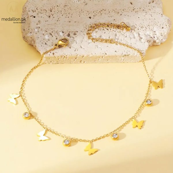 Stainless Steel 18K Gold Plated Butterflies Round CZ Anklet