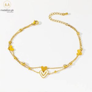 Stainless Steel 18K Gold Plated Double Hearts Anklet