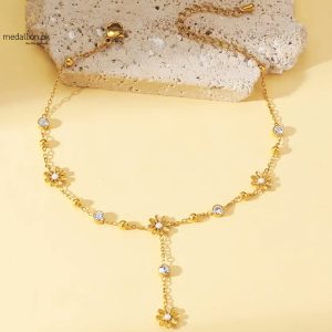 Stainless Steel 18K Gold Plated Flower Pearl CZ Anklet