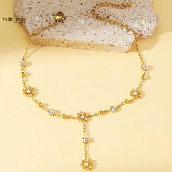 Stainless Steel 18K Gold Plated Flower Pearl CZ Anklet