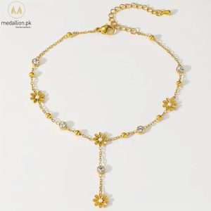 Stainless Steel 18K Gold Plated Flower Pearl CZ Anklet