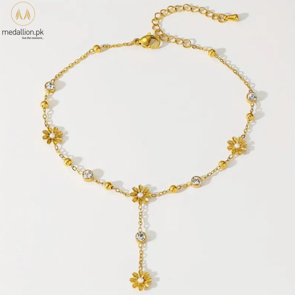 Stainless Steel 18K Gold Plated Flower Pearl CZ Anklet