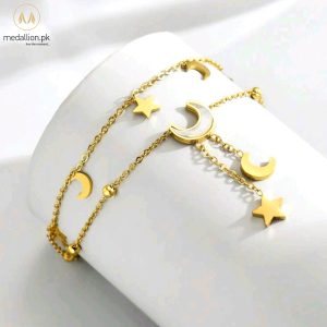 Stainless Steel 18K Gold Plated Moon & Stars Anklet