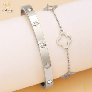 Stainless Steel Van Cleef Style Bangle and Bracelet Set