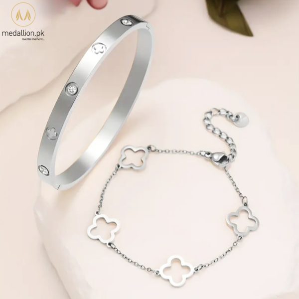 Stainless Steel Van Cleef Style Bangle and Bracelet Set